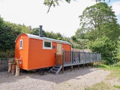 A shepherd's hut with a wooden deck at Red Kite at Wild Valley Huts Llanrhaeadr-Ym-Mochnant