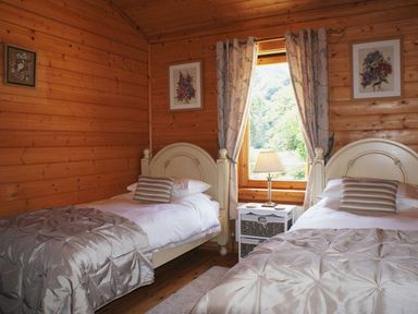 A bedroom with two single beds a bedside table with a lamp and floral curtains at Valley Lodge in Oakfordbridge near Bampton