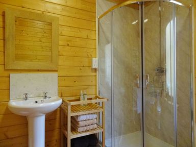 A bathroom with a pedestal sink mirror wooden shelving and a corner shower at Valley Lodge in Oakfordbridge near Bampton