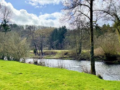 A river flowing through a grassy area with trees and a forest in the background at Valley Lodge Oakfordbridge near Bampton