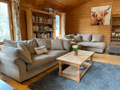 A living room with two sofas a wooden coffee table a bookshelf and a painting of a highland cow at Valley Lodge in Oakfordbridge near Bampton