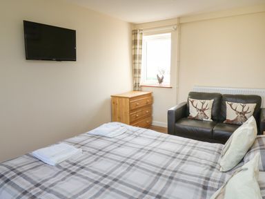 A bedroom with a bed plaid bedding a wooden chest of drawers a black sofa with deer pillows and a wall mounted television at Brynteg Cottage in Tegryn