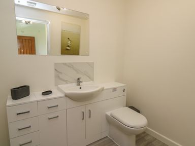 A bathroom with a white sink countertop cabinet and a toilet at Brynteg Cottage in Tegryn