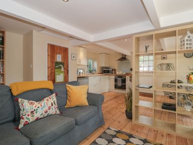 An open plan living area with a blue sofa and yellow cushions a wooden partition shelf and a kitchen with white cabinets at Nuthatch in Honiton