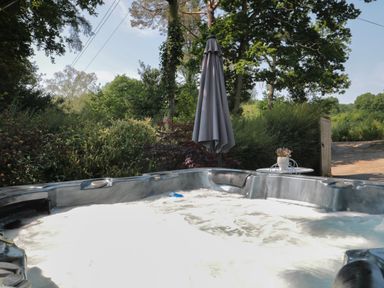A bubbling hot tub outdoors with a closed umbrella and a small table with a flower pot surrounded by trees and bushes at Nuthatch in Honiton