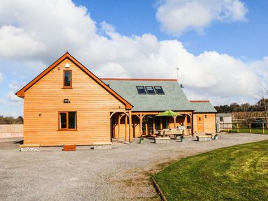 A wooden house with a gabled roof skylights and an outdoor seating area with an umbrella at Riverside Lodge in Washford