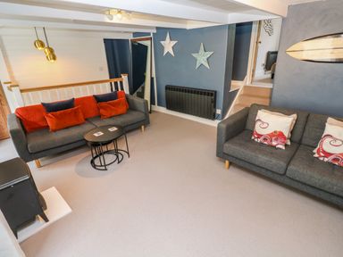 A living room with two gray sofas one with red and blue cushions and the other with octopus design cushions a black stove and blue walls at Winterbrook Cottage in Mevagissey