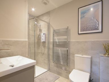 A bathroom with a shower enclosure a sink a toilet a towel radiator and a framed picture on the wall at Sans Souci in Seahouses