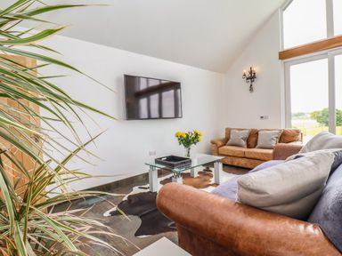 A living room with sofas a glass coffee table a mounted television and a plant at Polly's Annexe in Levington