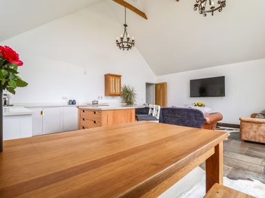 A kitchen and living area with wooden table and chairs a TV on the wall and a brown leather sofa at Pollys Annexe in Levington