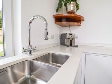 A kitchen corner with a double stainless steel sink a chrome faucet a coffee machine on the countertop and a wooden corner shelf with a plant at Polly's Annexe in Levington