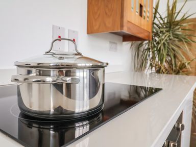 A stainless steel pot on a stove in a kitchen with wooden cabinets and a plant at Pollys Annexe in Levington