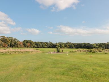 A golf course with green grass and a small putting green with flags surrounded by trees at The Olive Lodge 227 Sycamore in New Milton
