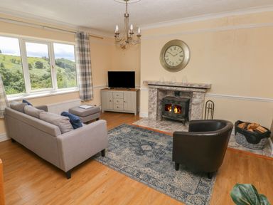 A living room with a sofa an armchair a fireplace and a television at Hillside Lodge in Newtown