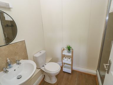 A bathroom with a sink a toilet a small shelf with toilet paper and a plant and a shower at Hillside Lodge in Newtown
