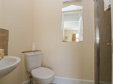 A bathroom with a toilet sink a mirror and a shower at Hillside Lodge in Newtown