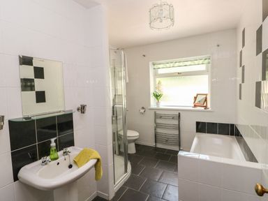 A bathroom with a sink and mirror a shower enclosure a toilet a window with a flower pot a radiator and a bathtub at Hillside Lodge in Newtown