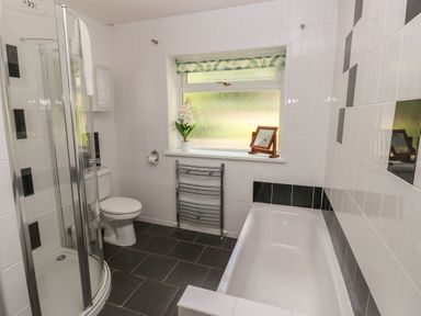 A bathroom with a shower cubicle toilet bathtub window with a plant and a mirror on the sill at Hillside Lodge in Newtown