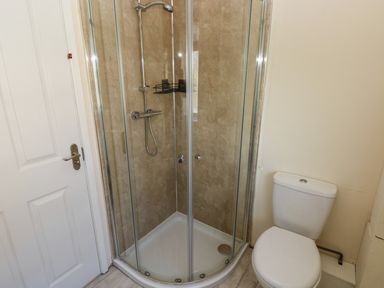 A bathroom with a corner glass shower enclosure and a white toilet at Hillside Lodge in Newtown