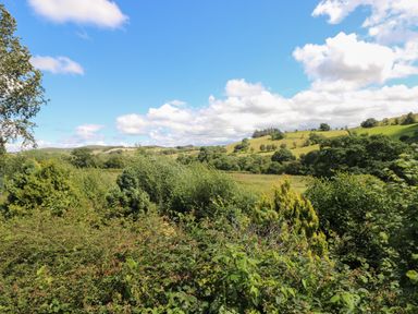 A countryside landscape with trees bushes and grassy hills under a blue sky at Hillside Lodge in Newtown