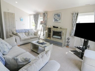 A living room with two sofas a coffee table a television and a fireplace at Olivias Haven in Wemyss Bay