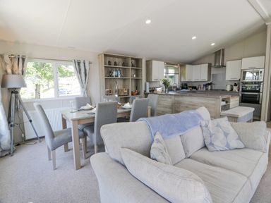 An open living space with a sofa, dining table with chairs, floor lamp, shelves, and a kitchen with countertops and appliances at Olivias Haven in Wemyss Bay