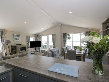 An open living and dining area with sofas a TV a dining table and flowers on a countertop at Olivia's Haven in Wemyss Bay