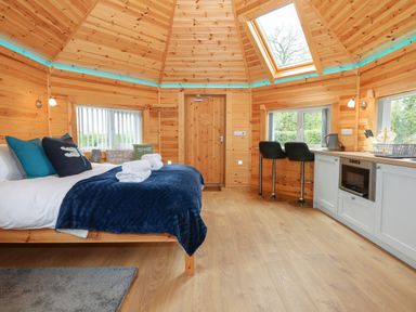 A wooden room with a bed kitchen area two stools and a skylight at Dragonfly Retreat in Upper Marham