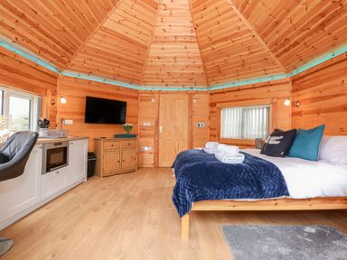 A wooden cabin room with a bed with blue blanket and pillows a kitchenette with a chair and a mounted TV at Dragonfly Retreat in Upper Marham
