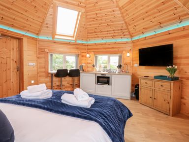 A wooden room with a bed with towels a kitchen area with two stools a television and a cabinet at Dragonfly Retreat in Upper Marham