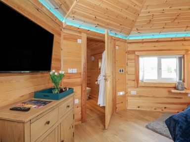 A wooden room with a TV on the wall a wooden cabinet with a vase of flowers and an open door leading to a bathroom at Dragonfly Retreat in Upper Marham