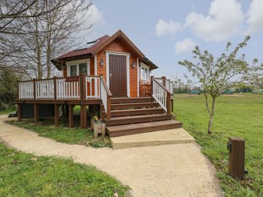 A small wooden cabin with a porch and stairs surrounded by grass and trees at Honeybee Retreat in Pentney near Upper Marham