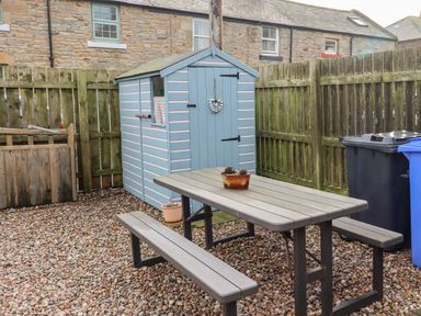 A backyard with a pebble ground a wooden fence a blue shed a picnic table with benches and two trash bins at Seahares in Seahouses
