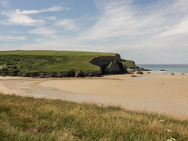 A sandy beach with green cliffs and grass in the foreground at Clematis House in St Columb Major