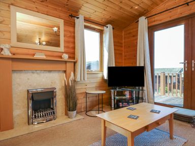 A living room with a fireplace a mirror a small table a television on a stand and a wooden coffee table at Seascape Retreat in Ilfracombe
