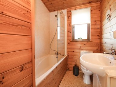 A bathroom with a bathtub shower combination toilet sink wooden walls and a window at Seascape Retreat in Ilfracombe