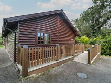 Exterior view of a wooden cabin with a fenced ramp and trees in the background at Ash in Swanage
