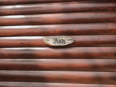A wooden wall with horizontally stacked logs and a small wooden sign with the word Ash at Ash in Swanage