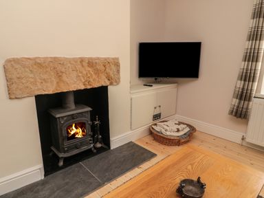 A living room with a wood burning stove fireplace a mounted television a wicker basket with blankets and a wooden coffee table at 55 Wellwood Street in Amble