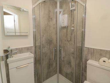 A bathroom with a corner shower enclosure sink with cabinet mirror and toilet at 55 Wellwood Street Amble