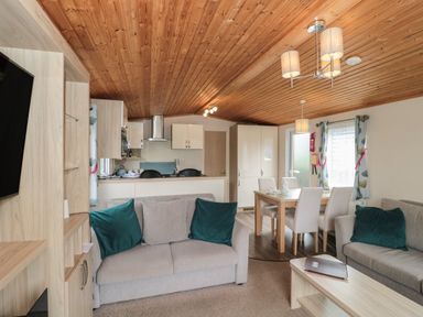 An open-plan living room and kitchen with sofas dining table and wooden ceiling at Beech in Swanage