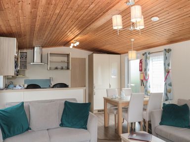 An open plan living room and kitchen with beige sofas, teal cushions, dining table with four chairs, and wooden ceiling at Beech in Swanage