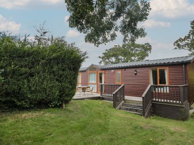 An exterior view of a wooden cabin with steps leading to a porch and a patio with chairs and table surrounded by grass and trees at Birch in Swanage