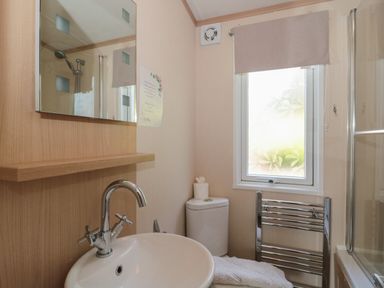 A bathroom with a sink a mirror a toilet a window with a shade and a towel rack at Birch in Swanage