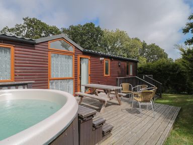 An outdoor wooden deck with a hot tub picnic table and four chairs next to a cabin surrounded by trees at Birch in Swanage