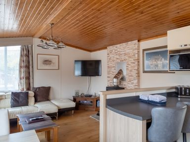 A living room with a television and sofa at Willow in Swanage