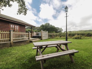 A wooden picnic table on grass near a wooden cabin with fenced area and lamp post at Oaks Swanage