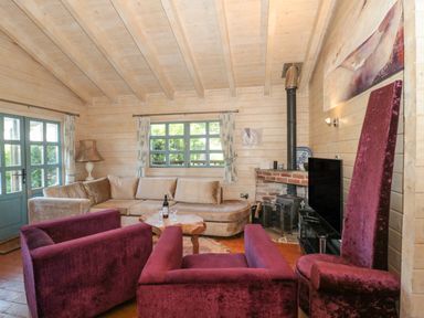 A living room with purple armchairs a beige sofa a wood stove and a television at Cherry in Swanage