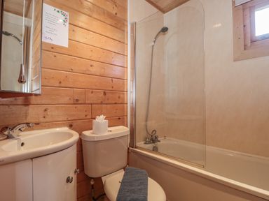 A bathroom with a sink, toilet, bathtub with shower, and wooden wall paneling at Cherry in Swanage