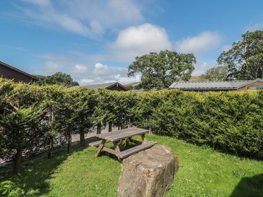 A wooden picnic table and a large rock on grass surrounded by hedges and houses at Cherry in Swanage